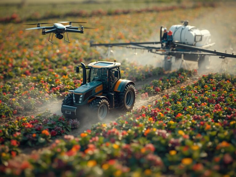 Animation of a tractor in farmland, drone spraying fertilizers, _smart irrigation system, farmers using mobile app, _futuristic agriculture theme with motion. (1)
