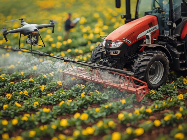 Animation of a tractor in farmland, drone spraying fertilizers, _smart irrigation system, farmers using mobile app, _futuristic agriculture theme with motion. (2)