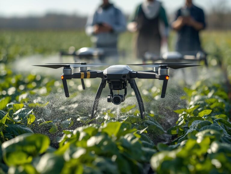Animation of drones spraying water and fertilizers on crops, _farmers watching with mobile app, modern agriculture theme. (1)